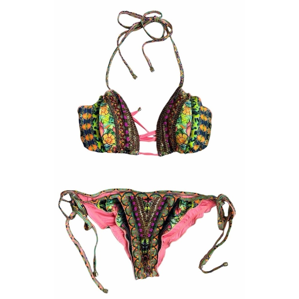 Lateen Swimwear Bikini Set Tropical Sunset Beaded Hawaiian Size M Top L Bottom
